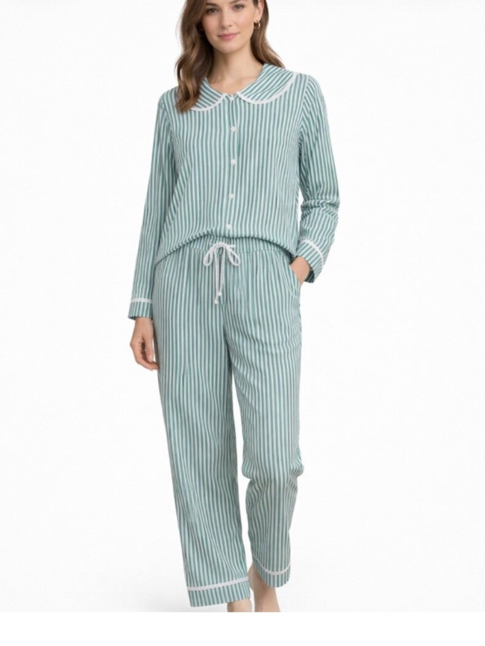 Womens Green Striped Pajamas Button-Up Peter Pan Oversized Collar matching bow